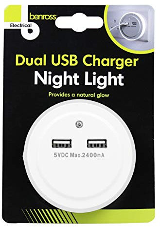Benross LED Plug in Night Light with Dual USB Charger, White