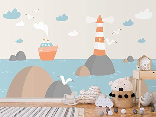 Oedim Fototapete für Kinder, Leuchtturm und Boot, Wandbild, Kindertapete, 400 x 300 cm, Dekoration für Esszimmer, Wohnzimmer, Schlafzimmer
