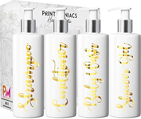 Print Maniacs White Mrs Hinch Inspired Personalised 500ml Pump Bottles Bathroom Lotion Kitchen Set Shampoo Conditioner (Shower Gel Set) (Gold)