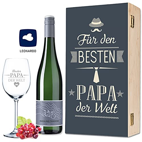 Leonardo Weinglas Mit Gravur Inkl. Holzkiste - Bester Papa Der Welt - Geschenk Ideal Als Vatertagsgeschenk - Weiß- Und Rotweinglas Im Geschenkset