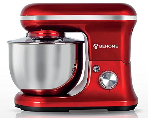 BEHOME Robot Patissier Professionnel 1200W avec Bol d'Acier Inoxydable 5L, 6+P Vitesses, 2 Fouets et 1 Crochet Pétrisseur (Rouge)