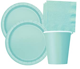 Isola Party Kit Festa di Compleanno Verde Menta per 32 Persone Eco-Friendly (32 Piatti ⌀ 23 cm, 28 Bicchieri 266 ml, 40 Tovaglioli 33x33 cm)
