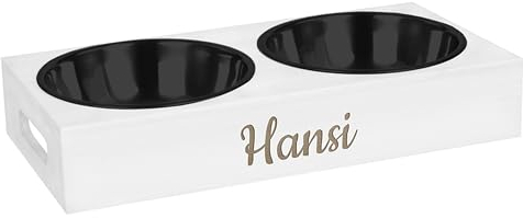 LAUBLUST Futterstation mit Name Personalisiert für Hunde - Weiß | 38x19x6 cm - Futternapf & Wassernapf Hund l 2 Edelstahl Fressnäpfe als Hundezubehör x 0,75L l Fressnapf mit Gravur l Hundenapf erhöht