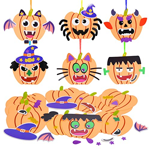 LAMEK 12 Halloween Kürbis Bastelsets Kinder Kreativsets zum Basteln Kreative Kunsthandwerk Bastelhandwerk mit Moosgummi Aufkleber für Jungen Mädchen Halloweenzeit Karneval Geburtstag