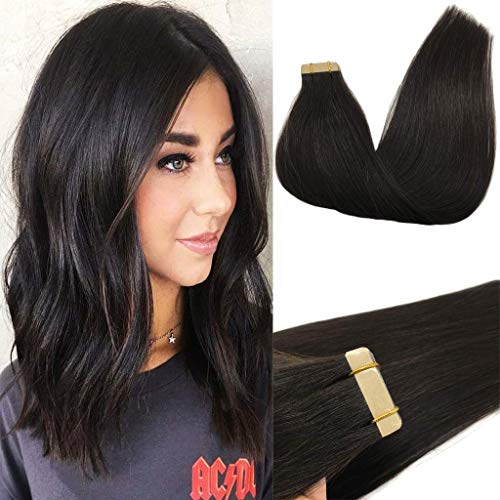 GOO GOO Tape in Extensions Echthaar, Tape Extensions Echthaar, 40cm 50g 20pcs, Extensions Echthaar, Haarverlängerung Echthaar, 1B Schwarz