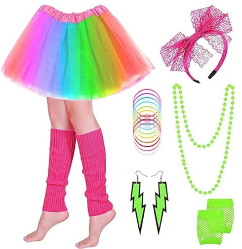 PINEPAN Neon Kostüm Zubehör Set Tutu Rock Spitze Schleife Stirnband Neon Ohrringe Halskette Beinwärmer Fischnetz Handschuhe Armband Regenbogen