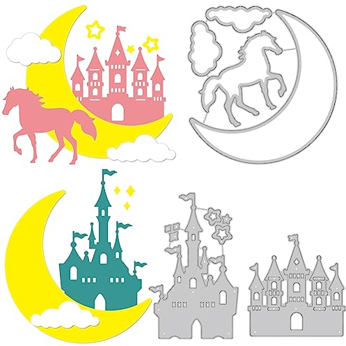 BENECREAT 3-Teiliges Fantasy-Thema, Kohlenstoffstahl-Stanzformen, 3 Stile Schloss/Mond/Pferd Muster Dekoration Prägeschablonen Für DIY Scrapbooking Fotoalbum Papierkarte