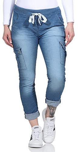 CLEO STYLE Damen Jeans Jogger Jogginghose Boy Friend im Vintage Look Sweatpants für Freizeit Sport und Fitness 21094 (Mittelblau)