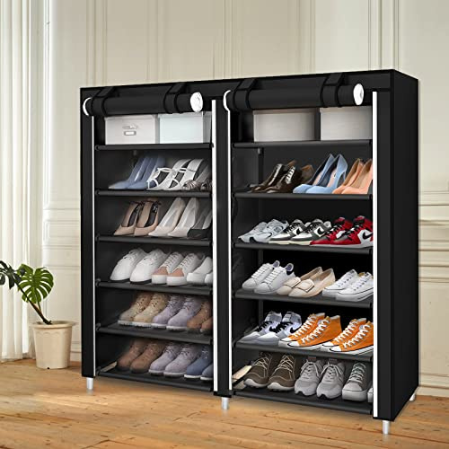 XDAILUYYDS Stoffschrank Schuhablage,Schuhschrank mit Klettverschluss Türvorhang,Kleiderschränke mit Reißverschlüssen Fächern，Kleiderschrank Schuhschrank 2-in-1,Platzsparender (schwarz)