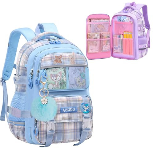 WYCY Mochila para Niñas Moda Refrigerador Puerta Gran Capacidad Kawaii Escolar con Lindos Colgantes de Unicornio y Mochila Impermeable para Niñas (cuadrado azul)