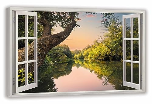 HUBDECO Leinwandbild Fensterblick See Bild 120x80 cm - Landschaftsbilder auf Leinwand - Wandbilder Wohnzimmer - Bild Fenster mit Ausblick - Aesthetic Room Decor - Wanddeko Schlafzimmer