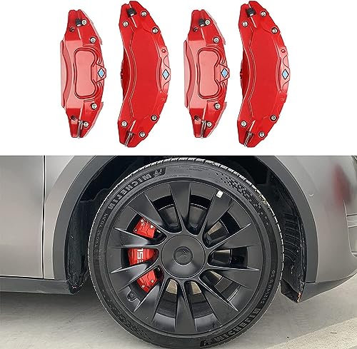 BRALEM 4 Pezzi Auto Freno Calibro Copertine per Model 3 Model Y 2017 18 19 20 21, Lega Alluminio Auto Ruota Freno Impostare Kit Durevole Modifica Accessori,Red