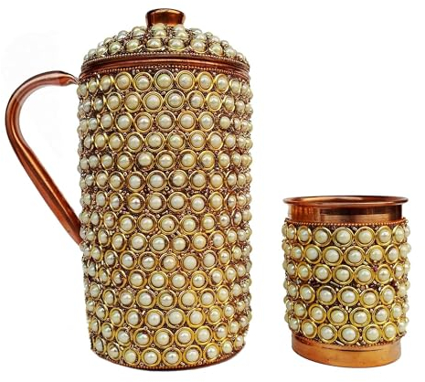 Carafe en cuivre pur – 1 ensemble de vaisselle en verre avec pichet extérieur décoré