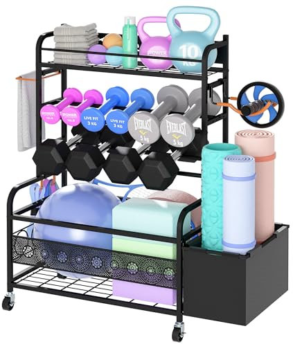 MESHDO Dumbbell Rack Weight Stand, Weight Rack for Dumbbells, Home Gym Storage Rack for Yoga Mat Dumbbells Kettlebells and Balls, All in One Workout Equipment Organizer with Wheels, feet and Hooks