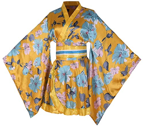 Japanischer kurzer Kimono für Damen, mit Obi-Gürtel, Floal-Print, Yukata-Bademantel, sexy Geisha-Kostüm, 28# Azalea-Gelb, 0-6