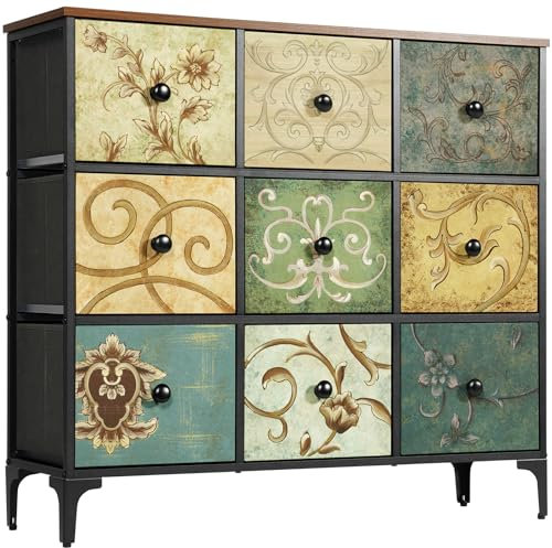 LYNCOHOME Kommode Schrank mit 9 Schubladen aus Stoff, Sideboard mit Stoffschubladen, Schubladenschrank für Küche Büro Flur, TV Schrank mit Stoff Schubladen