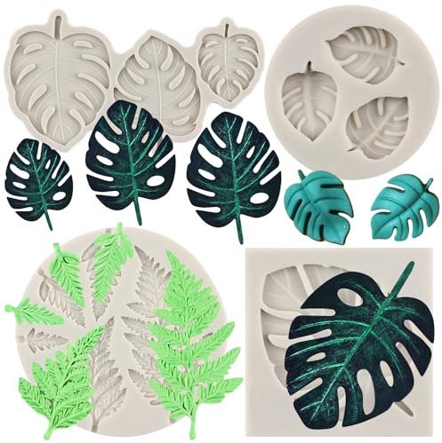 MYPRACS Tropical Leaf Silicone Moulds Fern Monstera Leaves Fondant Mould for Cupcake Topper Cake Decorating Candy Chocolate Gum Paste Polymer Clay Set of 4
