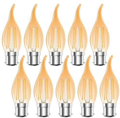 MZYOYO B22 LED Dimmable Bayonet Light Bulb,Vintage 4W C35 LED Candle Light Bulbs,2700K Warm White Bayonet Cap BC LED Bulb,Equivalent 35W,350LM,230V,for Chandeliers,Ceiling Light,Amber,Pack of 10