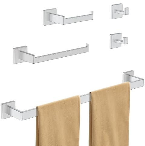 AIKER Handtuchhalter Silber,5 PCS Hochwertiger Verdickter SUS304-Edelstahl Badezimmerzubehör,Starke Tragfähigkeit 60 cm Handtuchhalter, 27cm Handtuchhalter, Toilettenpapierhalter, 2 Bademantelhaken