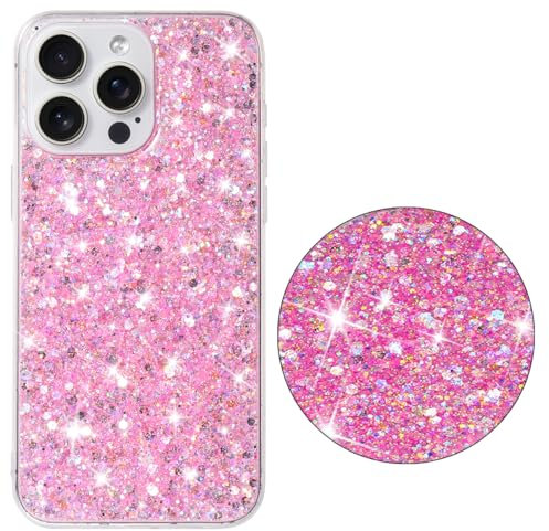 Unichthy All Glitter Case for iPhone 15 Pro Max Cover Girls Women Glitter Bling Clear Cover Cute Sparkly Crystal Silicone Shockproof Bumper Phone Case for iPhone 15 Pro Max Pink