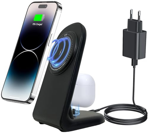 Mag-Safe Induktive Ladestation, 2 in 1 Wireless Charger Ladeständer für iPhone 16/15/15 Plus/15 Pro/15 Pro Max/14/13/12, AirPods 3/2/Pro 1, Magnetisches Kabelloses Handy Ladegerät mit 18W Adapter