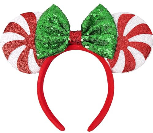 Christmas Mouse Ears, Mouse Ears Headband for Women Adults, Sequin Bow Glitter Headband for Christmas Hair Accessories (Candy)