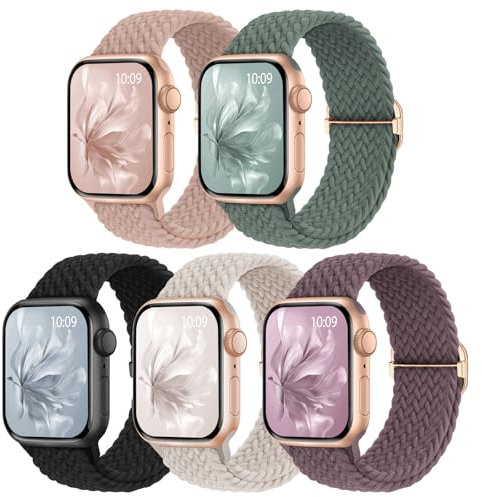 Raradev 5 Pack Braided Strap Compatible for Apple Watch Straps Women 40mm 41mm 38mm 42mm 44mm 45mm 46mm 49mm, Breathable Stretchy Elastic Sport Loop for iWatch SE Ultra 2 Series 10/9/8/7/6/5/4/3/2/1