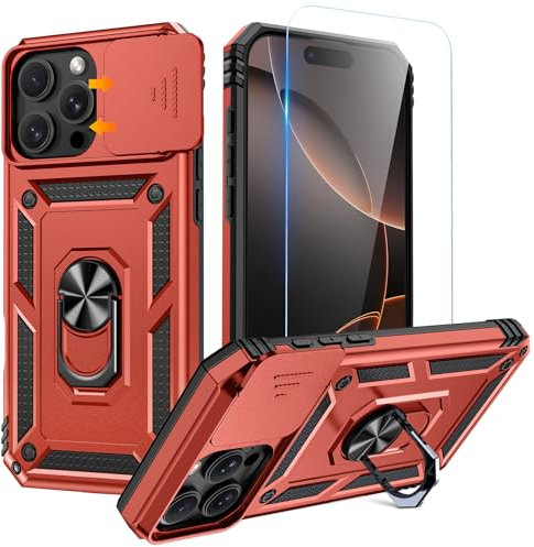 Goton Schutzhülle für iPhone 16 Pro Max mit Displayschutzfolie, Kamera-Abdeckung, Schutzhülle mit Ringständer, strapazierfähig, stoßfest, robust, für iPhone 16 Promax-Zubehör, Rot
