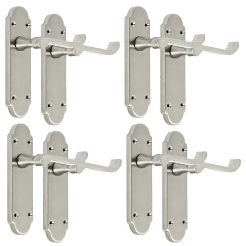 Satin Nickel Scroll Door Handle Set with Tubular Latches - Victorian Style Internal & External Lever Door Handles with Backplate 170mm x 42mm (4 Pair of Latch Handles + Tubular Latch)
