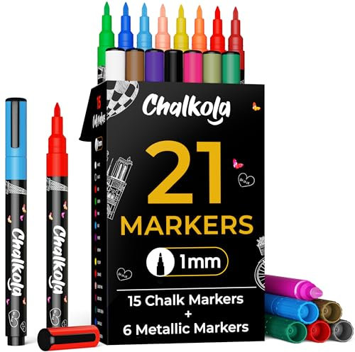 Chalkola 21 Kreidestifte für Tafel Abwaschbar - (21 Stifte 1mm, Kreidestift) | Kreidestifte für Fenster, Tafelkreide & Metallic Glasstifte, Chalk Marker, Kreidemarker Abwischbar, Fensterfarben Kinder