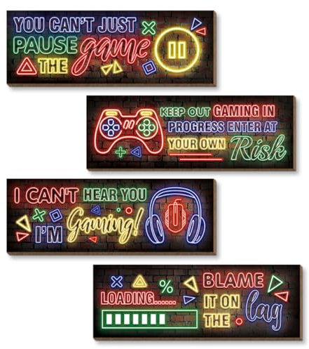 4 Pcs Décoration Gamer,Deco Chambre Gaming,Panneau en Bois Gaming Decoration Murale,Poster Gaming Decoration Chambre Ado Garcon 20x10cm (Néon A)