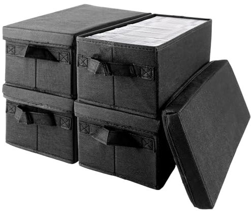 Oungy 4 Stück CD Aufbewahrungsbox, CD Boxen Aufbewahrung für 36 CDs, DVD Aufbewahrungsbox, Waschbare CD Box, CD Aufbewahrungssystem mit Griff, Aufbewahrungsbox mit Deckel Stoff, Schwarz