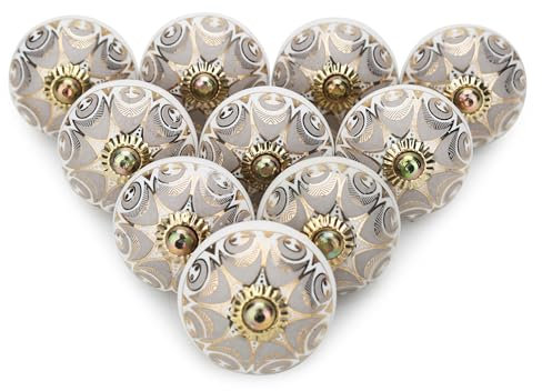 FURNISHFUL FINESSE Pomos de cerámica para gabinete, estilo bohemio, color gris, tiradores de cocina, alacena, decoración de casa de campo, herrajes dorados (paquete de 25, gris)