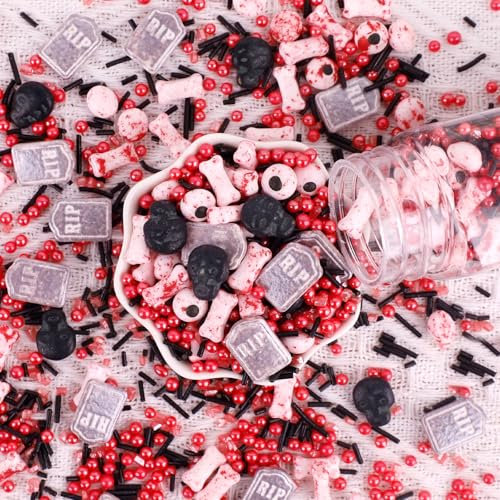 Morofme Halloween Streuen 3.5 oz Essbare Augen Tombstone Schädel Blutige Augen Knochen Rote Pfirsiche Streuen Mix Essbare Halloween Kuchen Cupcake Toppers Cookie Dessert Streuen Dekorationen