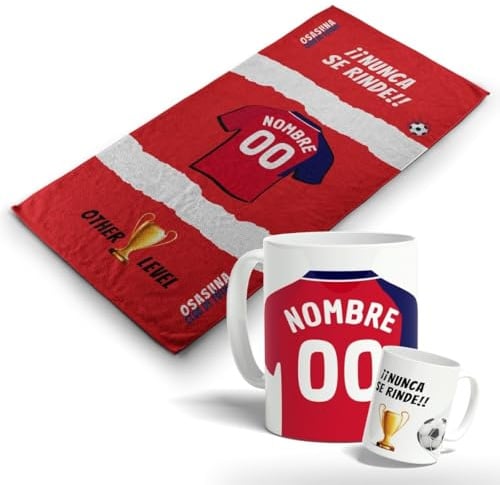 Pack Taza y Toalla de tu equipo favorito. Personalizada con nombre y equipo de fútbol. Regalos Personalizados. Regalo Original para Aficionados del Fútbol. (Osasuna, 70x140)