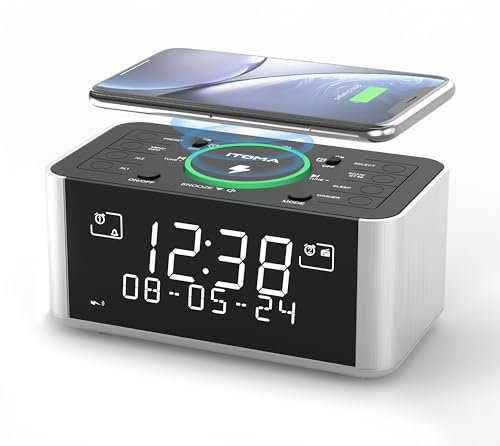 iTOMA Wireless Charging Alarm Clock with DAB & DAB+ & FM Radio, 40 Preset Stations, Dual Alarms, Snooze, Dimmable LCD Display, Bluetooth, USB Charging and Earphone Jack, Bedside Alarm Radio 206D