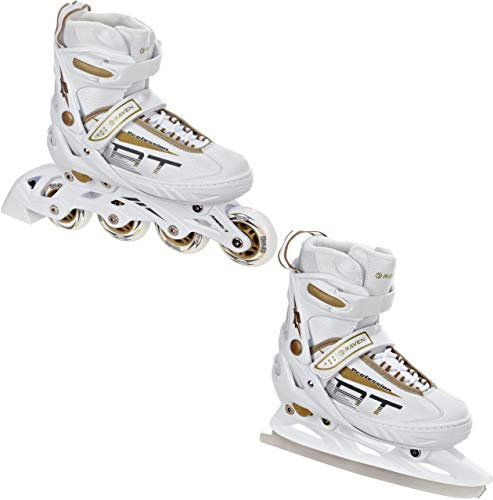 RAVEN Profession Inlineskates Inliner für Kinder und Erwachsene OPTIONAL 2in1 mit Schlittschuhen verstellbar (White/Gold mit Kufen, 31-35 (20,5cm-23cm))