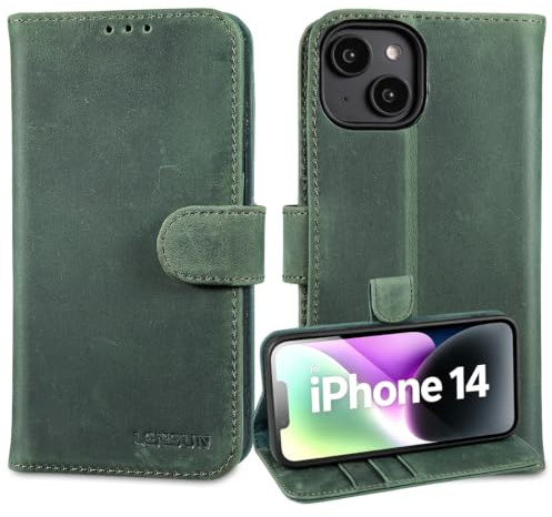 LENSUN Echtleder Hülle für iPhone 14, RFID-Fach Handytasche - Retro Grün | Lederhülle Bookstyle, Echtes Leder Handyhülle, Integriertes Kartenfach Schutzhülle, Vintage-Optik