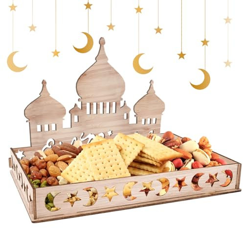 Byhsoep Ramadan Teller Eid Mubarak Deko Tablett mit Mond Stern Schloss Muster Ramadan Geschirrset Tischdeko Holztablett für Kareem Party (Schloss)