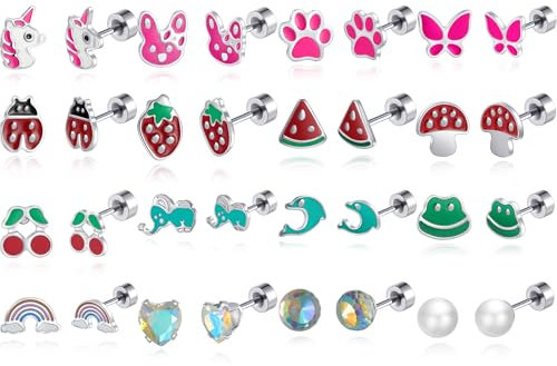 TIZU 16 Paar Silber Ohrstecker Set für Damen Hypoallergen Erdbeere Schmetterling Hase Einhorn Regenbogen Perle Herz Zirkoniumdioxid Kinder Ohrringe Set für Mädchen