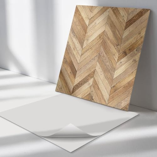 Vinyl Paneel Quadratisch 50x50 cm Wand und Boden für Küche, Badezimmer und Büro Spritzschutz Selbstklebend 4 Stück Vinylplatten Bodenbelag Wandpaneele - Fischgrätenmuster aus Holz