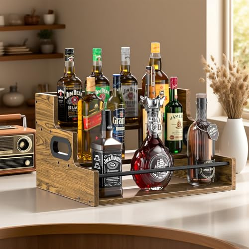 Haligo 3-Tier Liquor Bottle Display Shelf, Wood Coffee Syrup Organizer, Retro Countertop Spice Rack, Coutertop Wine Racks for Mini Bar, Whiskey, Spirits, Alcohol