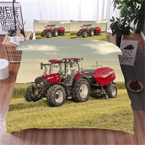 LMMSMGS Bettwäsche 140x200 70x90 Roter Traktor Bettwäsche-Sets– Weiches Mikrofaser-Set mit Bettbezug 140x200 + 1 Kissenbezüge mit Reißverschluss Eckbinder für Mädchen Jungen