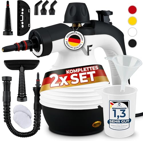 Neighbour's Friend® Dampfreiniger Neues Modell 2er Set – Leistungsstarker Hand Steam Cleaner, 3,5 Bar Druck, 4m Kabel, 350ml Tank I Handdampfreiniger für Auto, Werkstatt, Haushalt & Fensterreinigung