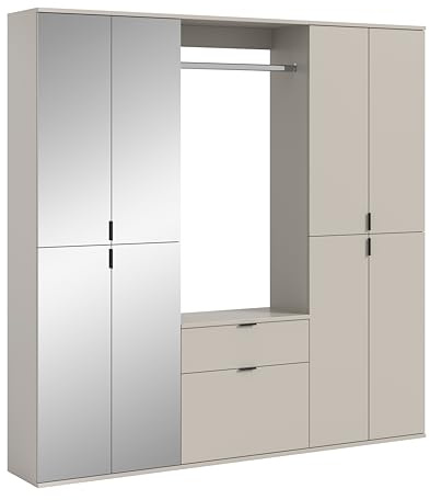 xonox.home – 3 TLG. Garderobenkombination Projekt X 183x193x34 cm in Kaschmir Melamin – Set mit Spiegelschrank, schmaler Kommode, Wandboard & Hochschrank – Stilvolle Ordnung im modernen Kaschmir-Look