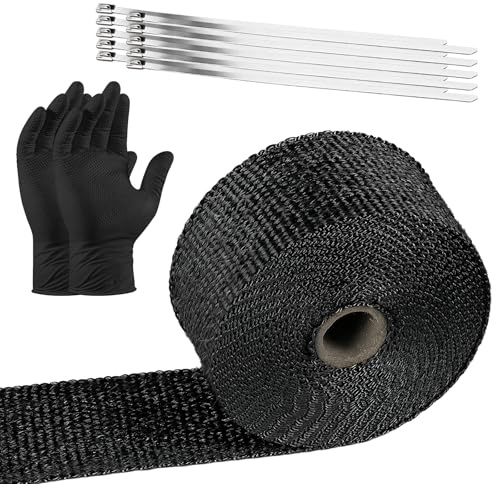 5M Hitzeschutzband Auspuff, Basaltfaser Auspuffband Bandage Set | Isolierband Hitzebeständig mit 10 Edelstahl Kabelbinder & Handschuhe für Motorrad, Auto Fächerkrümmer, Abgasrohr Schutz