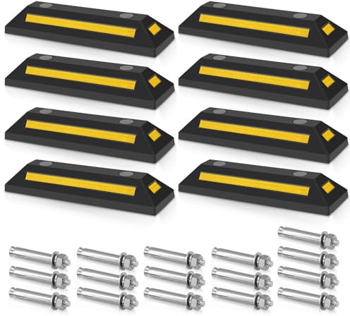 Eikuavons Radstopper 8er Set 54x15x10 cm, Parkplatzbegrenzung mit Reflektionsstreifen, Einparkhilfe Garage und Parkplatz, Parkstopper als Anfahrschutz aus Gummi für Garage, Carport und Parkflächen