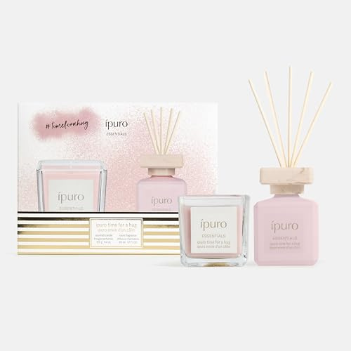 ipuro Essentials TIME FOR A HUG Set mit Raumduft 50ml + Duftkerze im Glas 125g - Raumerfrischer mit Vanille, Biskuit & roten Früchten Duft Aroma - Diffuser mit Stäbchen & Duftkerze Geschenkset