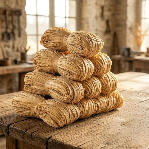 8 Stück Bast Raffia Naturbast, 400 g Natur Bindebast Raffia | Bastband Raffia Garn Natur Papierschnur für Ostergras Floristik DIY Basteln Geschenkverpackung Blumensträuße