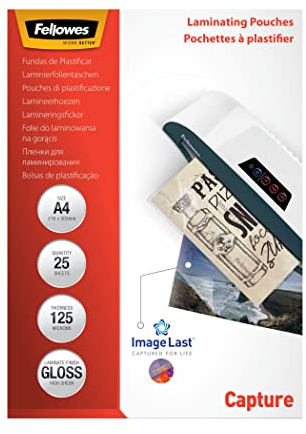 Fellowes Laminierfolien A4 ImageLast, 125 Mikron (2 x 125 Mikron), 25 Stück, transparent mit Ausrichtungshilfe. Ideal für Fotos und Informationshinweise mit optimalem Kontrast